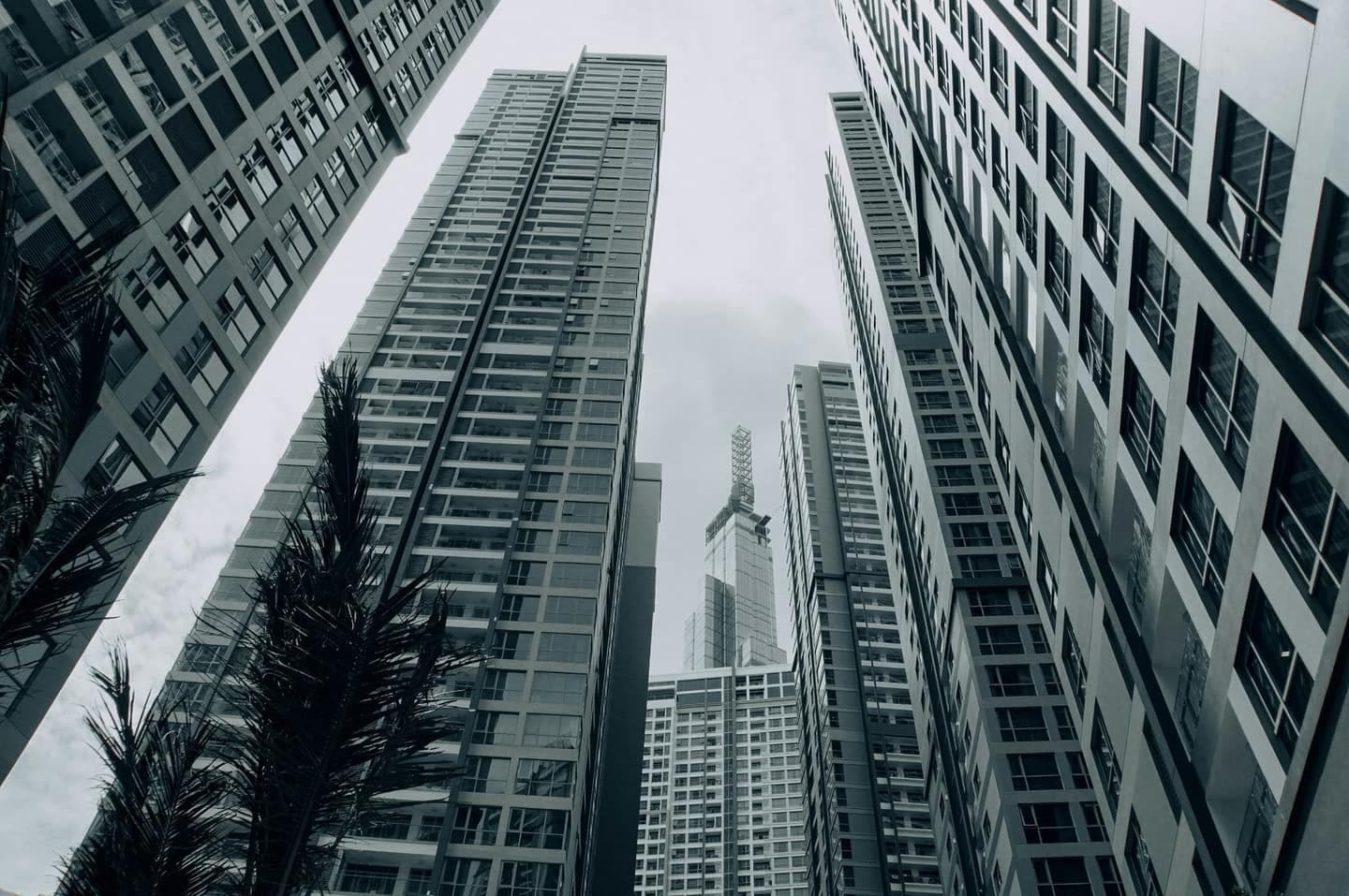 Looking up at modern glass skyscrapers against a clear sky